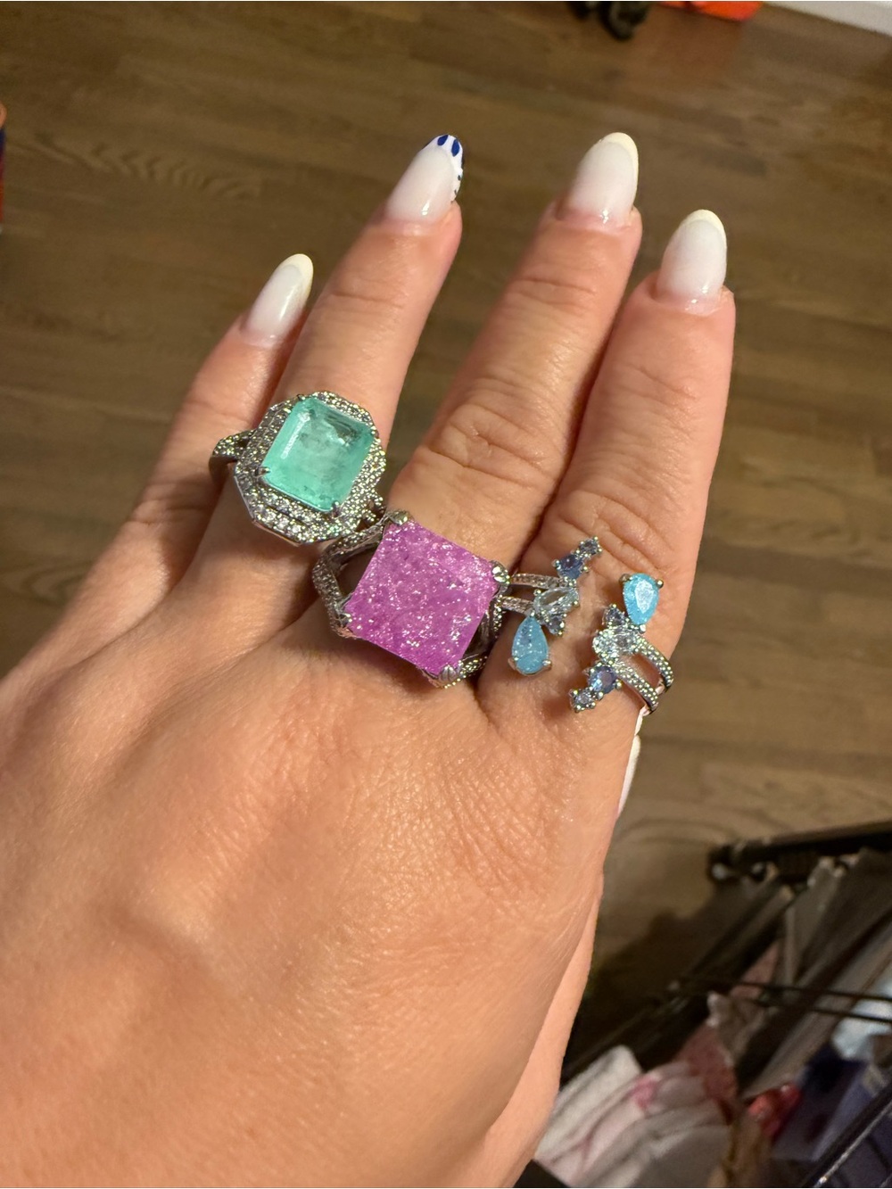 Sparkling Pink Druzy & Aqua Gemstone Ring Trio - Silver Tone